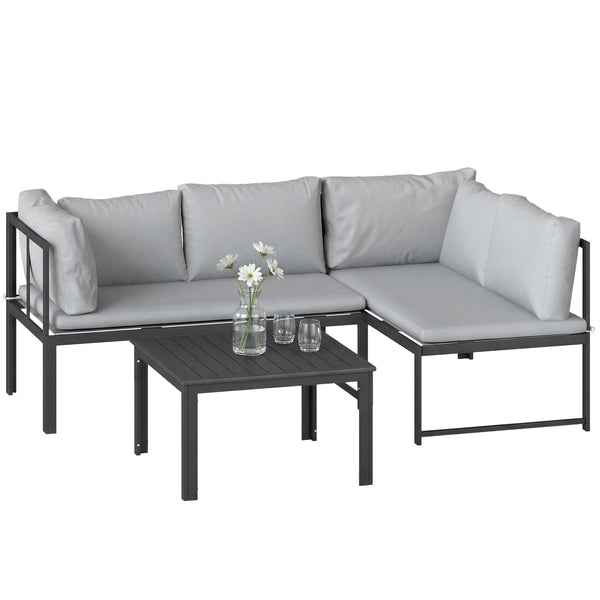 Salon de Jardin 3 Pièces en Métal avec Table Basse à Lattes, Coussins, Accoudoirs Réglables, Canapé d'Angle 4 Places pour Terrasse, Mobilier d'Extérieur, Gris