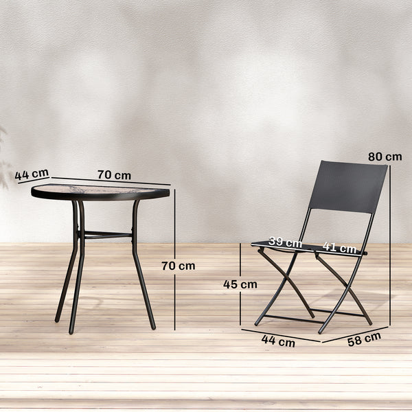 Ensemble de Salon de Jardin Bistrot 3 Pièces, Mobilier de Terrasse avec Table Semi-circulaire, 2 Chaises Pliantes, Maille, Cadre Métallique, Idéal pour Balcon, Patio, Jardin, Noir