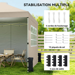 Tonnelle de jardin 3 x 3 m pop up tente pliante réglable en hauteur imperméable protection UV50+ tonnelle pliante avec 3 parois latérales sacs de sable sac de transport à Roulettes crème