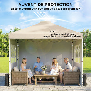 Tonnelle de jardin 3 x 3 m pop up tente pliante réglable en hauteur imperméable protection UV50+ tonnelle pliante avec 3 parois latérales sacs de sable sac de transport à Roulettes crème